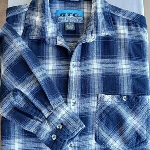 BTC Mens Flannel Button Down Shirt M cotton long sleeve blue white plaid warm